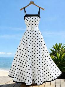 EMERY ROSE Women's White With Black Polka Dots Dress,Elegant Summer Spaghetti Strap Mid-Length A-Line Casual Vacation Dress With Waist Belt Decor,Day Party - Black and White - View 8
