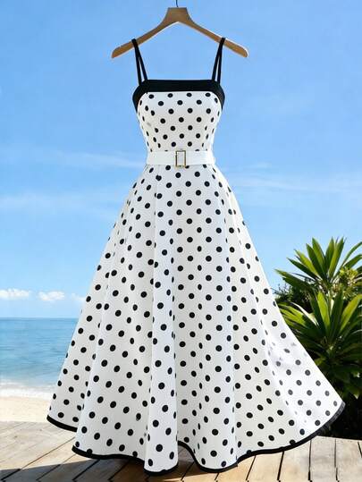 GlowEve Đầm hè mới: Đầm thường ngày, đầm đi nghỉ mát, họa tiết chấm bi, thắt lưng trang trí, dáng chữ A. Mẫu đầm thời trang Pháp này kết hợp giữa không khí nghỉ mát và vẻ thanh lịch cổ điển, với kiểu dáng chữ A, thiết kế phối màu đen trắng, phù hợp cho nhiều dịp. Đầm hai dây nữ, đầm hẹn hò, đầm hè dài ngang gối thanh lịch, đầm đi biển & đảo, đầm in họa tiết chấm bi mùa hè.