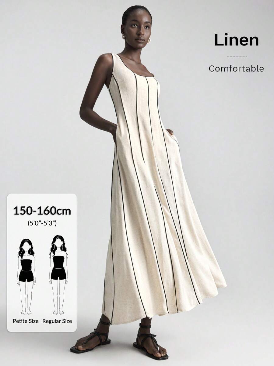 Ontre Petite 2026春夏新款PETITE宽松撞色条纹休闲连衣裙，夏季 - 杏色 - 查看 1