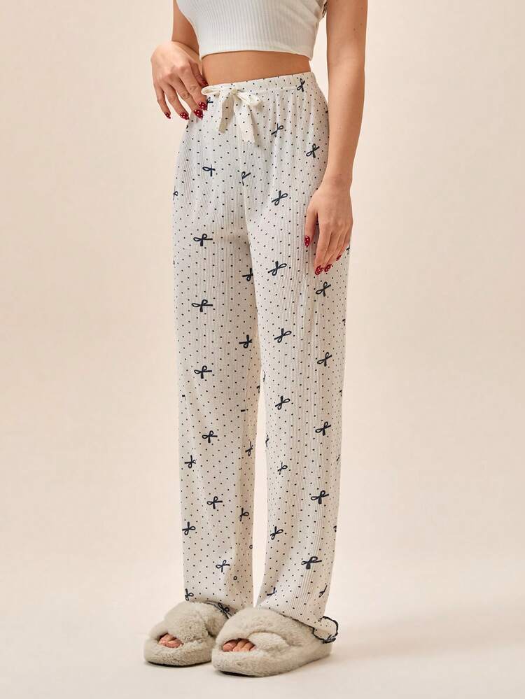 Loomlin Quần legging ngủ nữ dệt kim gân, họa tiết nơ và chấm bi, cạp chun co giãn. - trắng - Xem 3