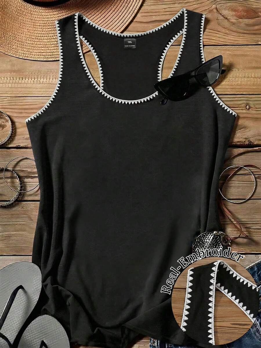 Casual Minimalist Seashell Decor Camisole Tank Top, Suitable For Plus Size Women In Summer - Black - View 1