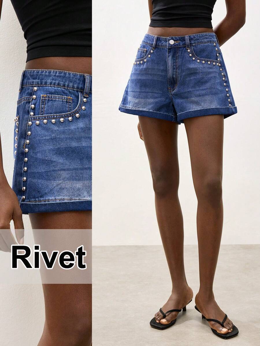 Maija Quần short denim nữ mùa hè kiểu dáng thường ngày, đính đinh tán. - Màu xanh lam - Xem 1