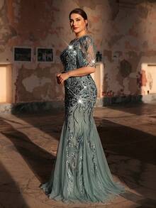 Serin Plus Size Elegant Romantic Mint Green Round Neck Mid-Sleeve Sheer Sequin Mesh Patchwork Formal Evening Dress For Mothers Dresses For Special Occasions Teal Luxury Evening Prom Luxury Evening Evening For Women Luxury Evening Luxury Evening Gown Evening Dresses Plus Size Luxury Dresses For Women Elegant Gowns - Green - View 8