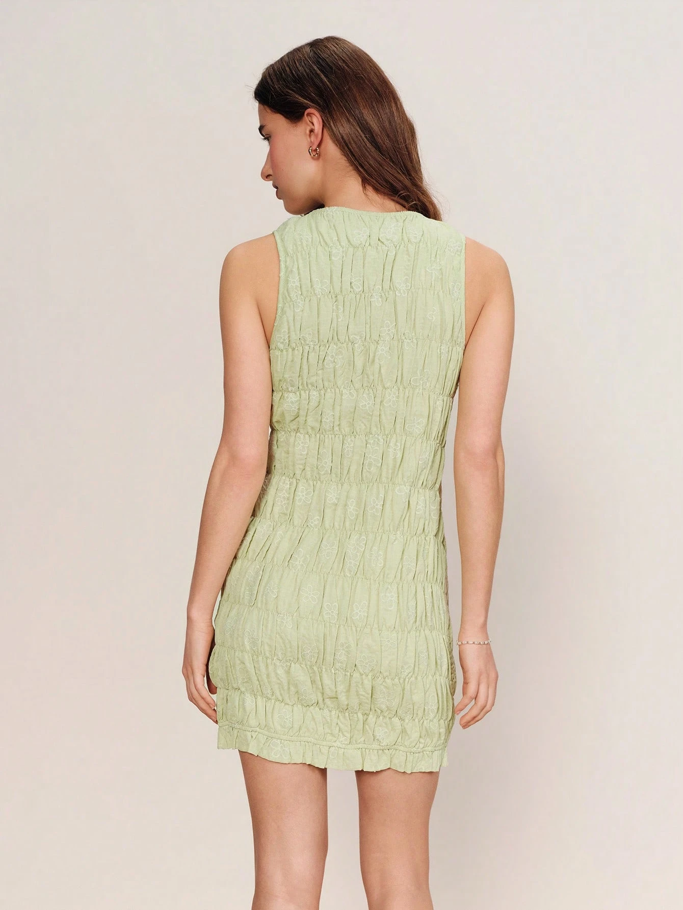 Mint Green Ruched Sleeveless Mini Dress With Embroidered Fabric Spring Summer Dress French Style Parisian Style Holiday Dress Chic Dress Cute Dress Graduation Dress