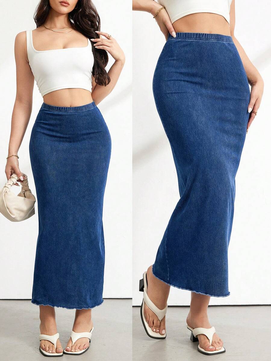SHEIN Tall Women's High Waist Stretch Denim Maxi Skirt, Bodycon Casual Summer Outfits Women's Casual Versatile Date & Outing Denim Mini Skirt - Dark Wash - View 1
