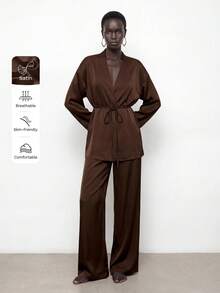 Maija Bộ đồ nữ bằng vải satin trơn màu, áo khoác cardigan dài tay thắt nơ phía trước và quần dài cạp chun, bộ đồ ngủ hai mảnh cho nữ, bộ đồ công sở thường ngày cho nữ. - màu nâu - Xem 2