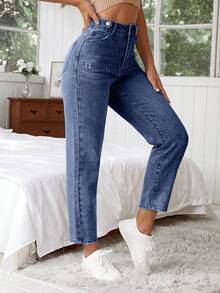 EURMUSE Women's Casual Washed High Waist Tapered Leg Jeans - Blue - View 4