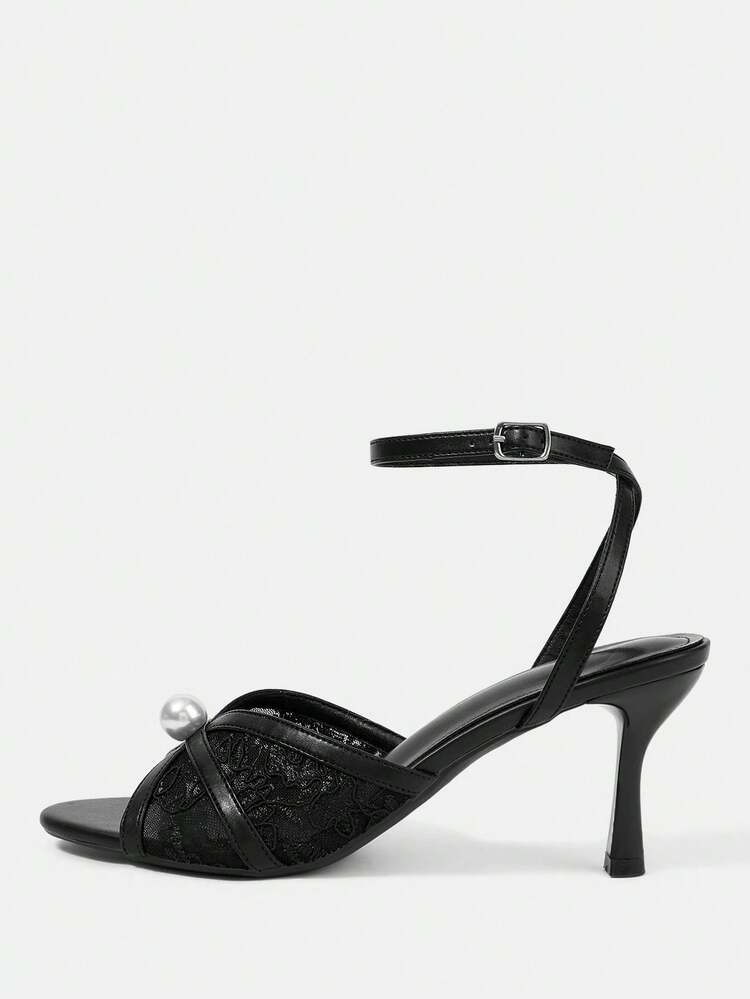CUCCOO HITCHD Women Shoes Round Toe Stiletto Black Mesh Pearl Fashion Elegant Wedding Banquet After Party Ankle Strap Women's High Heel Sandals Open Toe Sandals