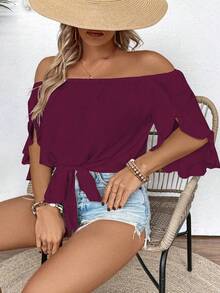 EMERY ROSE Plus Size Women's Vacation Solid Color Off-Shoulder Knotted Waist Fashionable Blouse - Red Violet - View 4