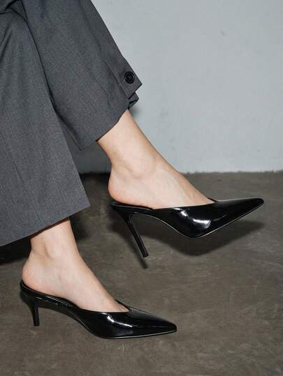 女士性感时尚纯色通勤漆皮尖头细高跟休闲百搭黑色高跟鞋/穆勒鞋