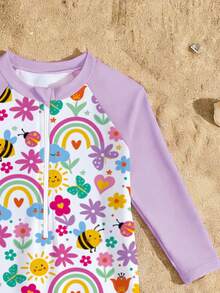 新款时尚女童连体长袖短裤泳衣，随机可爱印花少女泳装 - 彩色 - 查看 4