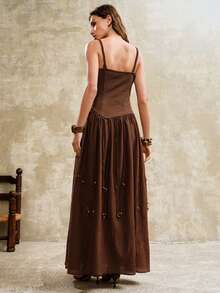 SHEIN Women Faux Suede Cami Dress Chocolate Brown Summer Boho Vacation Retro Exotic V-Neck Patchwork Long Fringe Tassel A-Line Big Swing Country Concert - Chocolate Brown - View 2