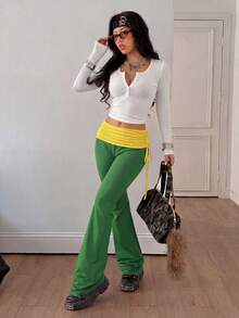 Coolane 女士黑色复古侧抽绳Y2K喇叭裤，街头百搭款 - 綠色 - 查看 4