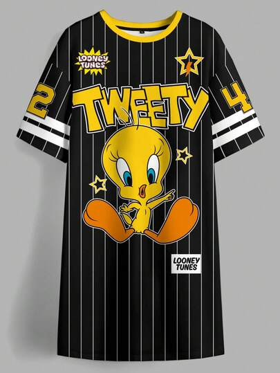 LOONEY TUNES X SHEIN 大码女式休闲圆领条纹字母卡通印花夏季连衣裙