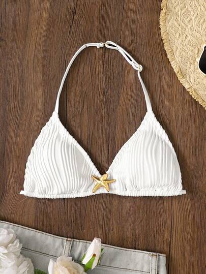 SHEIN Parte superior de bikini halter blanca sólida con textura y decoración de estrella de mar de metal ajustable para niña preadolescente