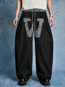 ROMWE MEN Street Life Quần jeans nam phong cách thường ngày, kiểu dáng năng động, thích hợp mặc đi làm, với họa tiết chữ in nổi, cạp chun, dáng rộng, có dây rút. - màu đen - Xem 10