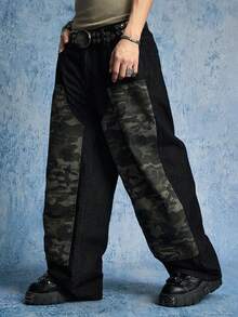 ROMWE MEN Street Life Quần jean denim nam dày dặn, rách rưới, phối nhiều mảnh - màu đen - Xem 5