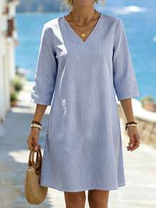 Balvessa 女士蓝白条纹休闲七分袖度假连衣裙 - 藍白色 - 查看 3