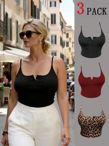 Calvaya Plus Size Women Sleeveless Button-Up Crop Top, Multicolor Set With Camisole And Tank Top - Multicolor - View 1