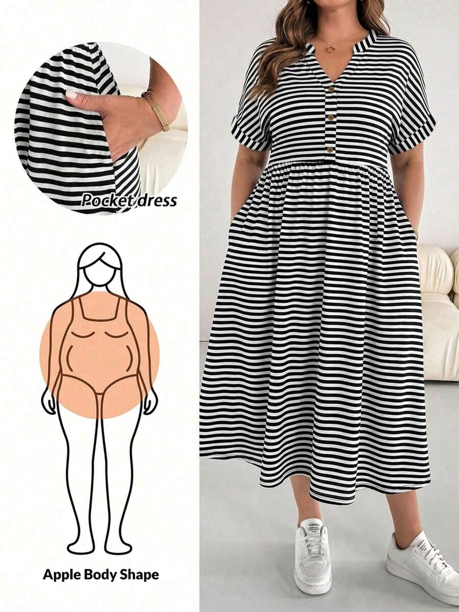 SHEIN Essnce 大码女式条纹连衣裙、宽松连衣裙、夏季短袖连衣裙、舒适大码服装、印花连衣裙、度假连衣裙、女士休闲连衣裙、返校连衣裙、休闲连衣裙、女士教堂连衣裙、休闲连衣裙、教师制服、大码泡泡裙、秋季女装、职业连衣裙、外出连衣裙、休闲连衣裙 - 黑與白 - 查看 1