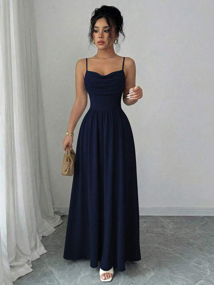 SHEIN Elenzya Elegantes romantisches Damen Chiffon Kleid mit Spaghettiträgern und taillierter Taille, fließender Stil, geeignet für Hochzeitsgäste, Schwesternzusammenkünfte - marineblau - Übersicht 5