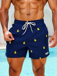 Surfspeed Plus Size Men's Cartoon Duck Print Slant Pocket Beach Shorts - Navy Blue - View 7