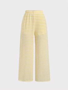 SHEIN 少女休闲日常舒适修身条纹无袖背心套装 - 黃色 - 查看 3