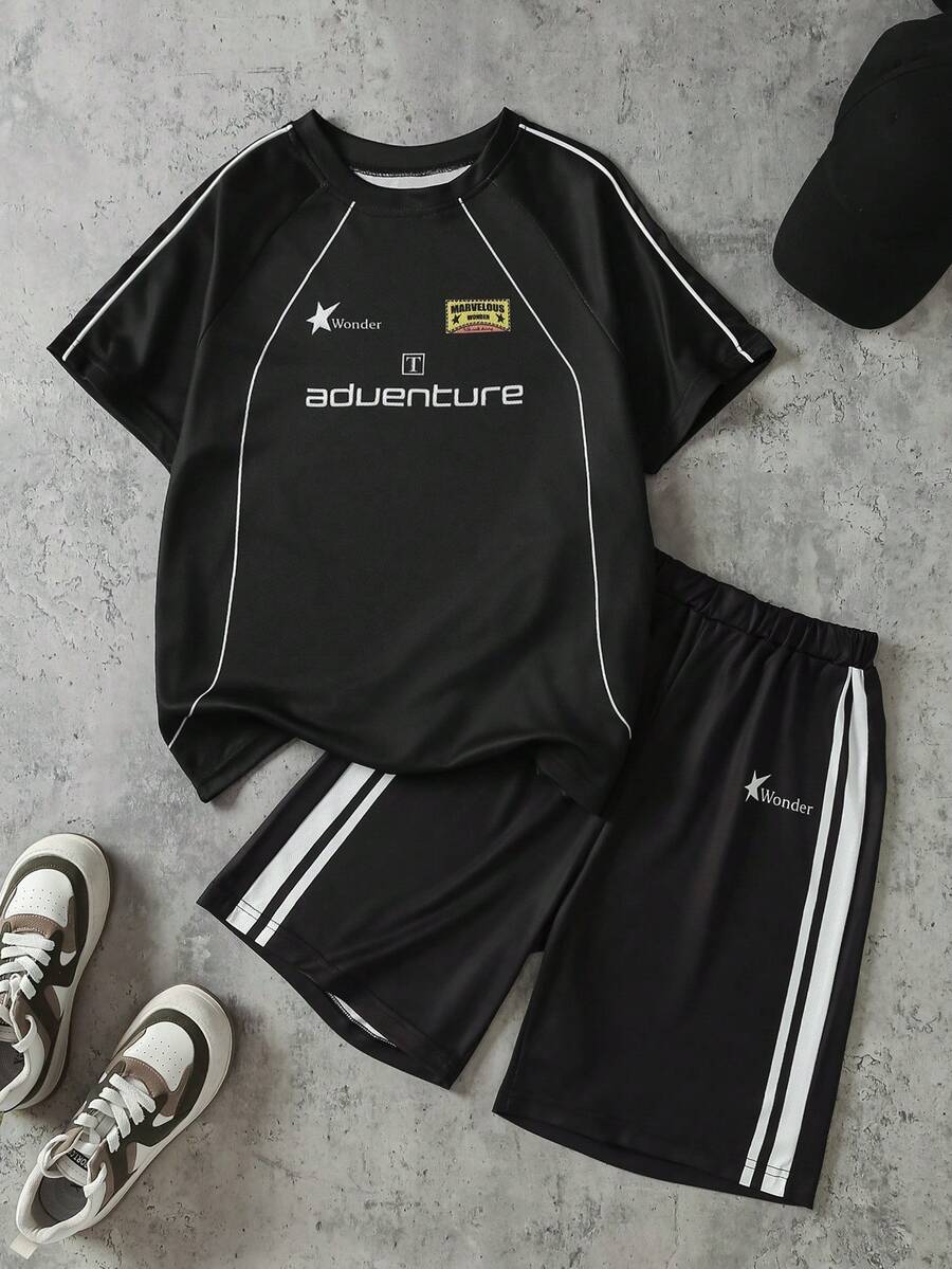 Coolqubz Conjunto Esportivo Casual para Adolescentes, Design com Estampa de Estrela, Simples Porém Não Monótono, Conjunto de Cordão Contrastante para Adolescentes. Adequado para Uso Diário, Outdoor, Roupa Esportiva - Preto - Visão 1