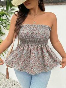 SHEIN Frenchy 大码女式碎花荷叶边抹胸上衣 - 綠色 - 查看 4