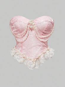 ROMWE Kawaii Áo kiểu dáng cổ điển thời Victoria, chất liệu ren và satin, đính ngọc trai, size lớn, màu hồng, thích hợp cho mùa xuân/hè. - Hồng - Xem 4