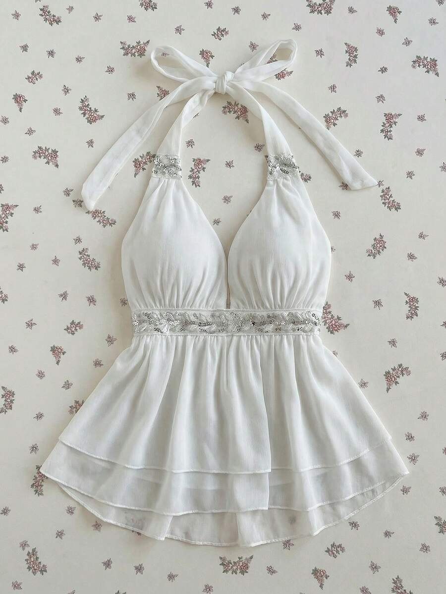Elamini Áo hai dây cổ yếm đính sequin thêu hoa phong cách thường ngày cho nữ mùa hè, trang phục thường ngày cho nữ, trang phục mùa hè cho nữ, trang phục mùa xuân cho nữ, áo kiểu cho nữ mùa hè. - trắng - Xem 1