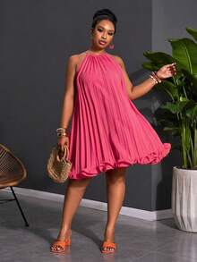 Veslaya 春夏新款度假休闲日常出游波西米亚风海滩度假篝火派对假日休闲优雅派对约会可爱舒适夏季宽松纯色橙色无袖露背系带全褶皱A字荷叶边下摆加大码迷你连衣裙 - 玫瑰紅 - 查看 5