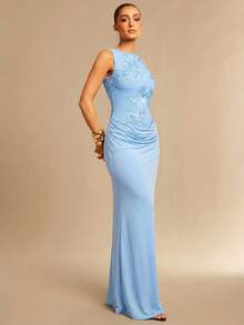 春夏纯色圆领无袖3D刺绣褶皱收腰修身优雅连衣裙，适合约会、外出、夜店、派对等场合。 - 淺藍色 - 查看 4