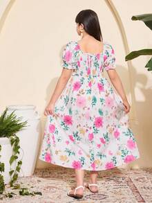 SHEIN Đầm maxi tay phồng in hoa, thắt eo, dành cho bé gái tuổi teen, ngọt ngào và thanh lịch, thích hợp cho kỳ nghỉ và mặc thường ngày, mùa xuân/hè. - Nhiều màu - Xem 6