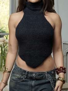 IamThia 休闲高领无袖不对称下摆修身针织背心 - 黑色 - 查看 3
