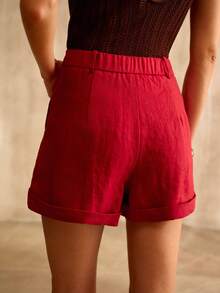 MOTF PREMIUM PANTALONES CORTOS DE LINO SÓLIDO PLISADOS CÓMODOS PARA MUJER, PRIMAVERA/VERANO - Rojo - Ver 4