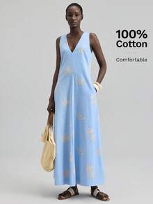 Ontre Đầm dài nữ Xuân/Hè 2026SS, không tay, cổ chữ V, họa tiết hoa jacquard, thiết kế đầm dài thời trang, đầm đi biển nữ, dáng chữ A rộng rãi, thắt eo, phong cách nghỉ dưỡng, áo tắm liền thân, màu xanh lá cây, thêu hoa, họa tiết trừu tượng, dự tiệc, nghỉ dưỡng, đầm đi biển, đầm hai dây, thiết kế bohemian cao cấp, trang phục Xuân/Hè, đồ đi biển, đồ nghỉ dưỡng, đầm dài nữ thời trang và đa năng. - Rửa nhẹ - Xem 3