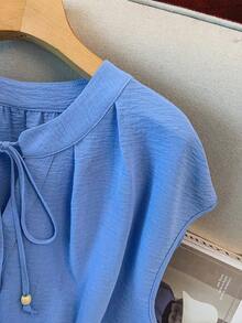 GlowEve CURVE 大码女式优雅纯色圆领撞色单排扣抽绳无袖吊带背心蝴蝶结衬衫浅蓝色女式衬衫优雅蓝色夏季上衣女式衬衫 - 藍色 - 查看 7