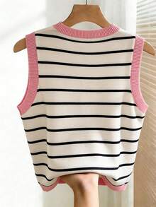 Franclia Women's Striped Round Neck Casual Versatile Tank Top, Color Blocking Design, Suitable For Spring, Summer And Autumn - Pink - View 2