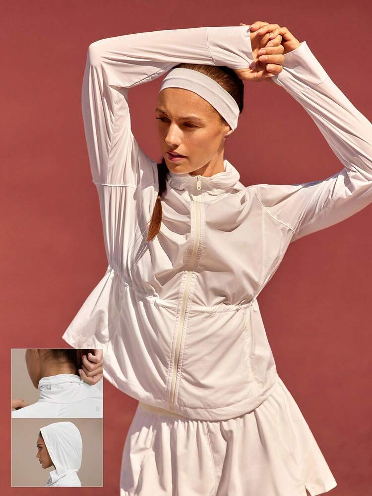 Keep It Moving Hip-Length Relaxed Fit Adjustable Drawstring Cinch Waist 2-Way Wear Hooded Running Jacket Jogging Outdoor Workout Gym Daily Active Wear