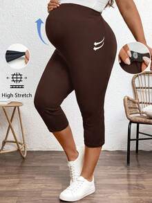 Plussiva 大码孕妇休闲纯色高腰打底裤 - 咖啡棕 - 查看 1