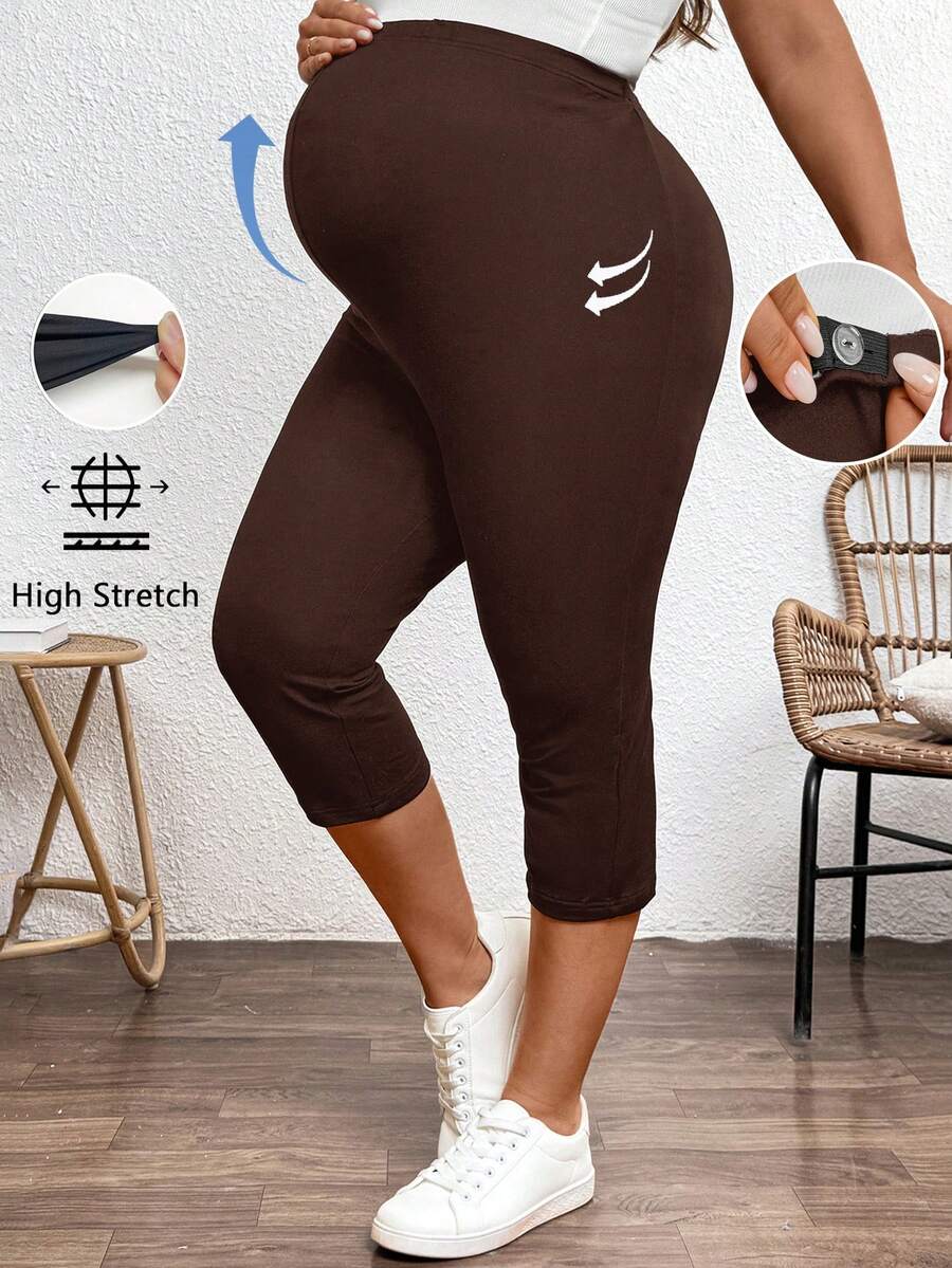 Plussiva 大码孕妇休闲纯色高腰打底裤 - 咖啡棕 - 查看 1