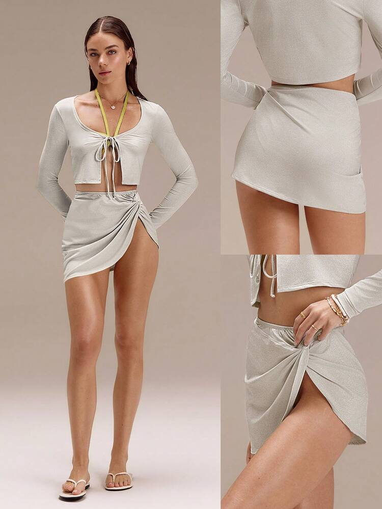 Chlorine-Resistant Glossy Getaway Sun-Protective Metallic Front-Twist Skirt Swimming Beach Pool Holiday Vacation Summer Wear