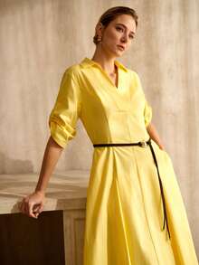 MOTF PREMIUM Damen 100% Baumwolle Kleid mit ausgestelltem Saum und Gürtel, Frühling/Sommer - Gänsegelb - Übersicht 7