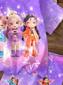 SHEIN 2件套少女休闲时尚彩色韩流女团字母星星印花圆领短袖T恤和短裤套装，适合夏季穿着 - 彩色 - 查看 5