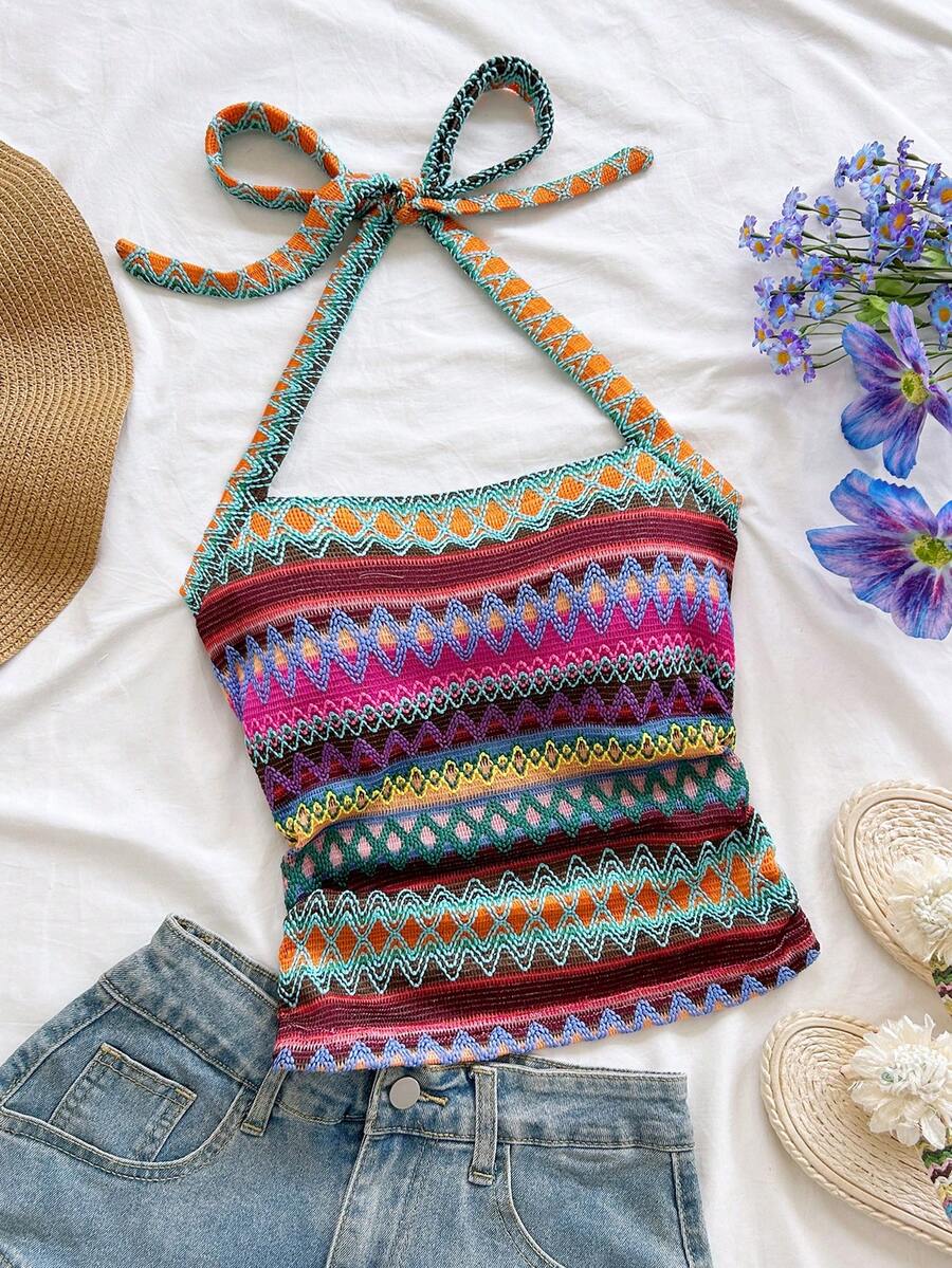 Soleia New Arrival Spring/Summer Vacation Halter Neck Tie Strap Women Striped Camisole - Purple - View 1
