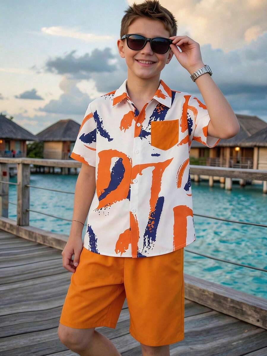 SHEIN 两件套幼儿男童休闲运动复古翻领衬衫短裤套装，适合儿童服装、婴幼儿男童服装、返校季男童套装，适合生日派对、宴会、演出、婚礼、洗礼、开幕式以及日常穿着，如上学、旅行、运动，适合春夏季节、母亲节/母子装。