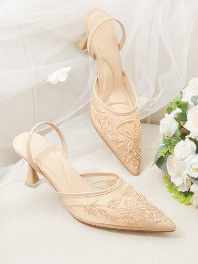 CUCCOO HITCHD Women's Pointed Toe Apricot Embroidered Mesh Handmade Beaded Elastic Band Comfortable Breathable Fashion Elegant Party Banquet High Heel Mule Shoes