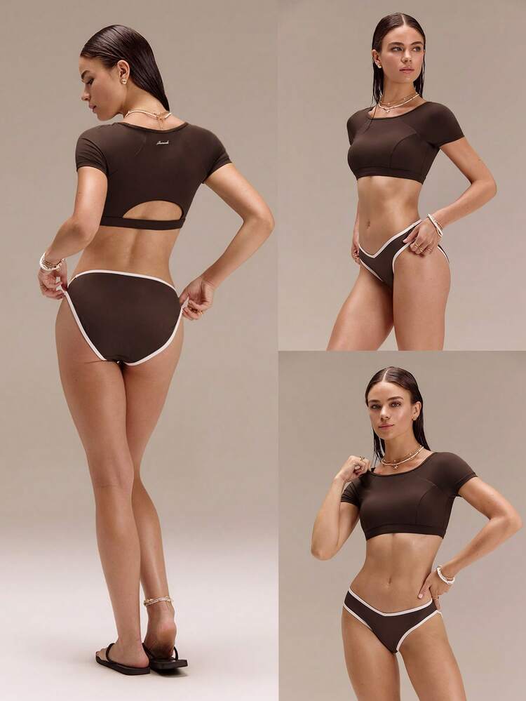 Chlorine-Resistant Making Waves Cropped Back Cutout Removable Cups Short Sleeve Crewneck Swim Tee Low Impact Swimming Beach Pool Holiday Vacation Summer Wear