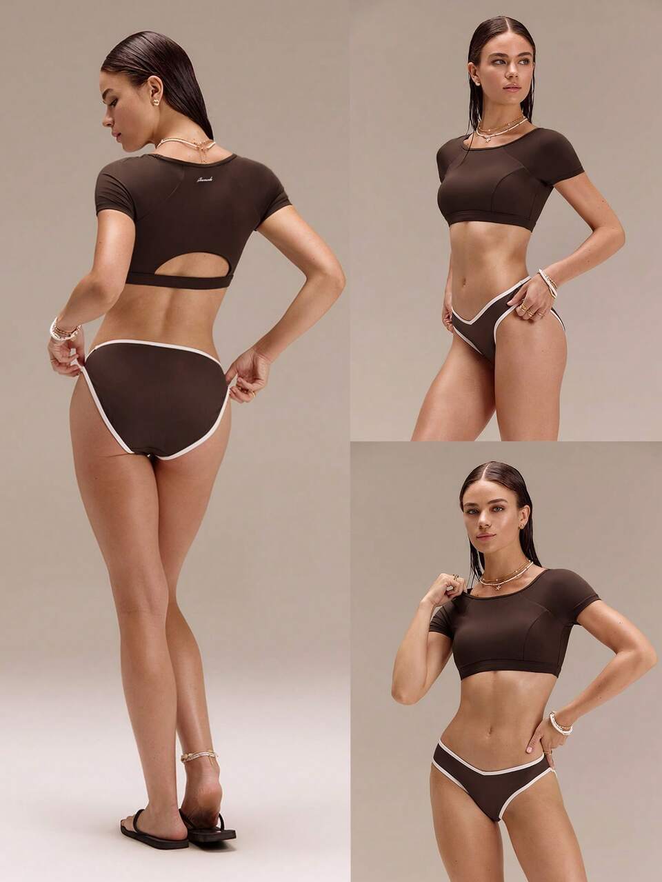 Chlorine-Resistant Making Waves Cropped Back Cutout Removable Cups Short Sleeve Crewneck Swim Tee Swimming Beach Pool Summer
